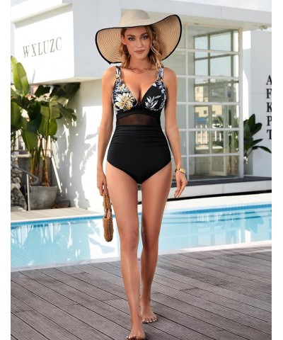 Women's Tummy Control Swimsuit Mesh Sexy One Piece Bathing Suits V-Neck Slimming Swimwear A-Ruched Floral37 $17.99 Swimsuits