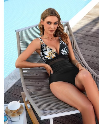 Women's Tummy Control Swimsuit Mesh Sexy One Piece Bathing Suits V-Neck Slimming Swimwear A-Ruched Floral37 $17.99 Swimsuits