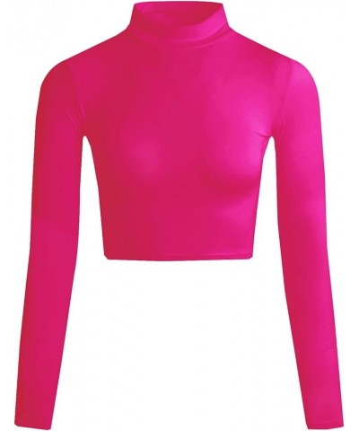 Women's Long Sleeve Mock Neck Pure Soft Thin Sexy Stretch Crop TOP T Shirt Hotpink $10.00 T-Shirts