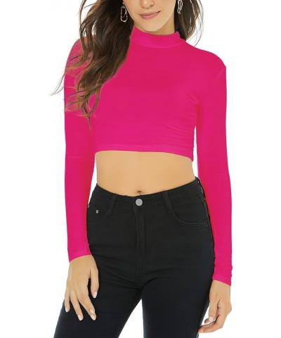 Women's Long Sleeve Mock Neck Pure Soft Thin Sexy Stretch Crop TOP T Shirt Hotpink $10.00 T-Shirts