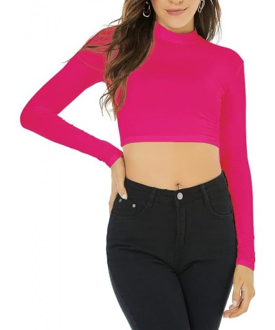 Women's Long Sleeve Mock Neck Pure Soft Thin Sexy Stretch Crop TOP T Shirt Hotpink $10.00 T-Shirts