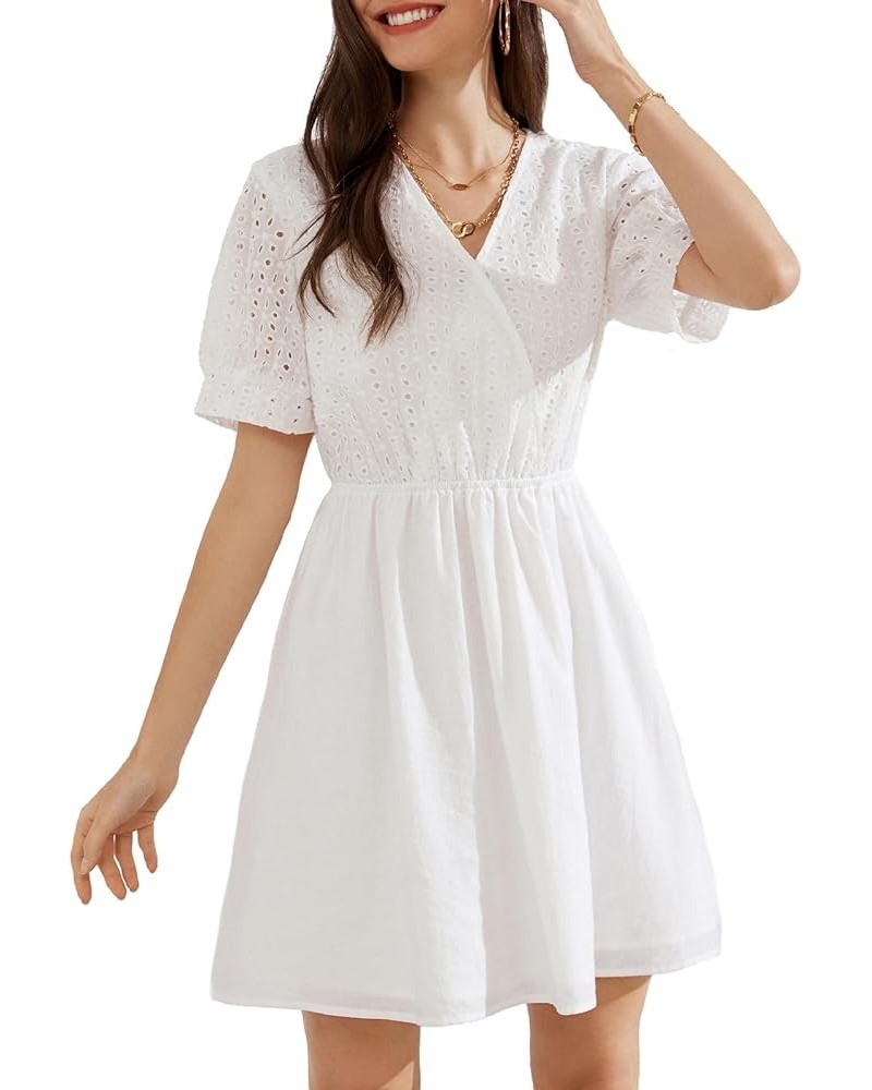 Women's 2024 Summer Dresses Wrap V Neck Puff Sleeve Elastic Waist Casual A Line Wedding Short Mini Dress White $18.90 Dresses