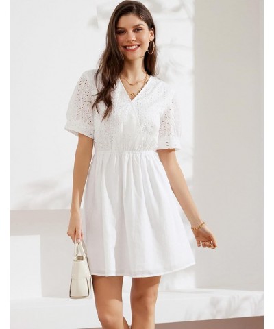 Women's 2024 Summer Dresses Wrap V Neck Puff Sleeve Elastic Waist Casual A Line Wedding Short Mini Dress White $18.90 Dresses