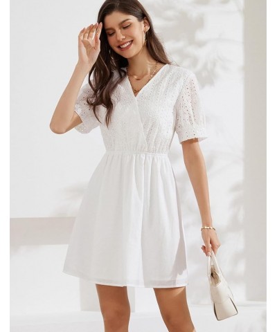 Women's 2024 Summer Dresses Wrap V Neck Puff Sleeve Elastic Waist Casual A Line Wedding Short Mini Dress White $18.90 Dresses