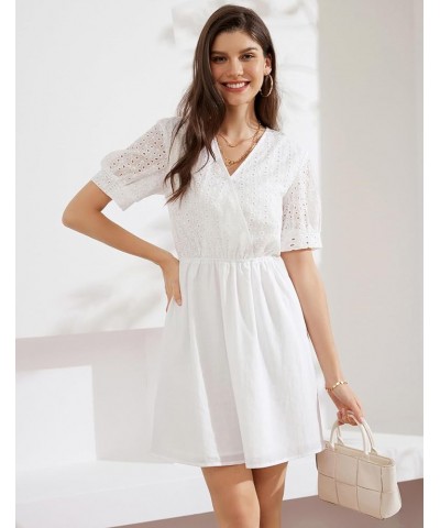 Women's 2024 Summer Dresses Wrap V Neck Puff Sleeve Elastic Waist Casual A Line Wedding Short Mini Dress White $18.90 Dresses