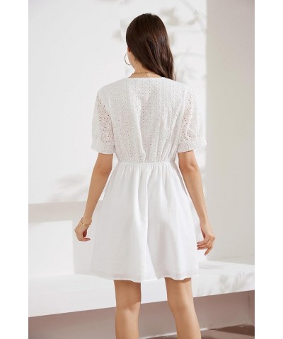 Women's 2024 Summer Dresses Wrap V Neck Puff Sleeve Elastic Waist Casual A Line Wedding Short Mini Dress White $18.90 Dresses