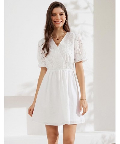 Women's 2024 Summer Dresses Wrap V Neck Puff Sleeve Elastic Waist Casual A Line Wedding Short Mini Dress White $18.90 Dresses
