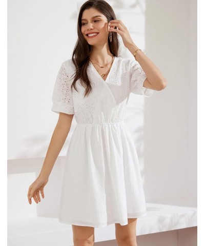 Women's 2024 Summer Dresses Wrap V Neck Puff Sleeve Elastic Waist Casual A Line Wedding Short Mini Dress White $18.90 Dresses