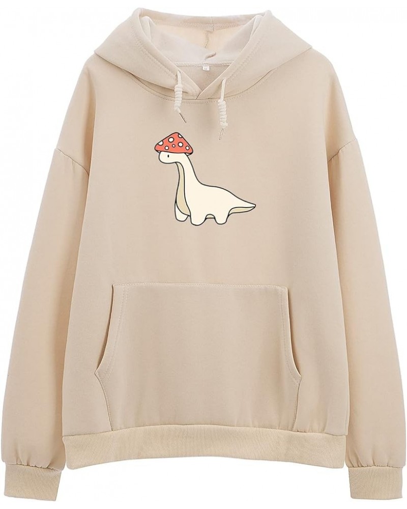 Oversized Cute Mushroom Dino Print Hoodies for Womens Kawaii Cartoon Sweatshirt Teen Girls Cotton Fleece Sweaters Apricot $18...