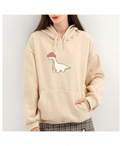 Oversized Cute Mushroom Dino Print Hoodies for Womens Kawaii Cartoon Sweatshirt Teen Girls Cotton Fleece Sweaters Apricot $18...