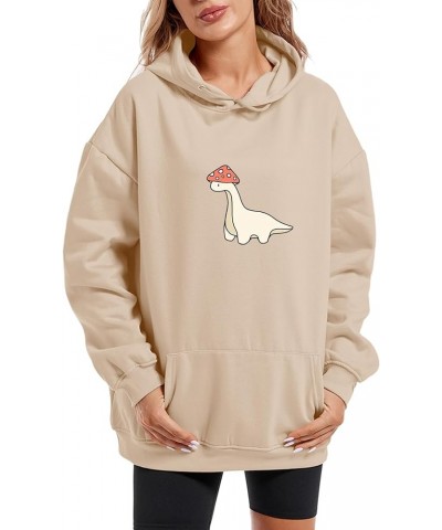 Oversized Cute Mushroom Dino Print Hoodies for Womens Kawaii Cartoon Sweatshirt Teen Girls Cotton Fleece Sweaters Apricot $18...