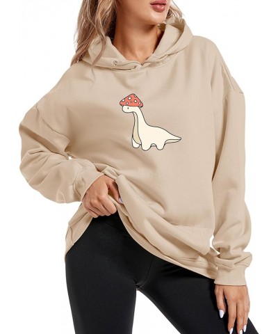 Oversized Cute Mushroom Dino Print Hoodies for Womens Kawaii Cartoon Sweatshirt Teen Girls Cotton Fleece Sweaters Apricot $18...
