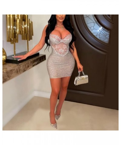 Women Sexy Lace Mini Dress Sequin Hollow Backless Short Dresses for Party Club Date Night Silver $18.92 Dresses