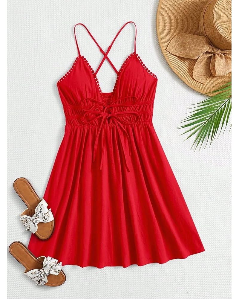 Womens' Dress Shirred Back Tie Front Cami Dress Summer Dresses for Women (Color : Black, Size : Small) Medium Red $16.90 Dresses
