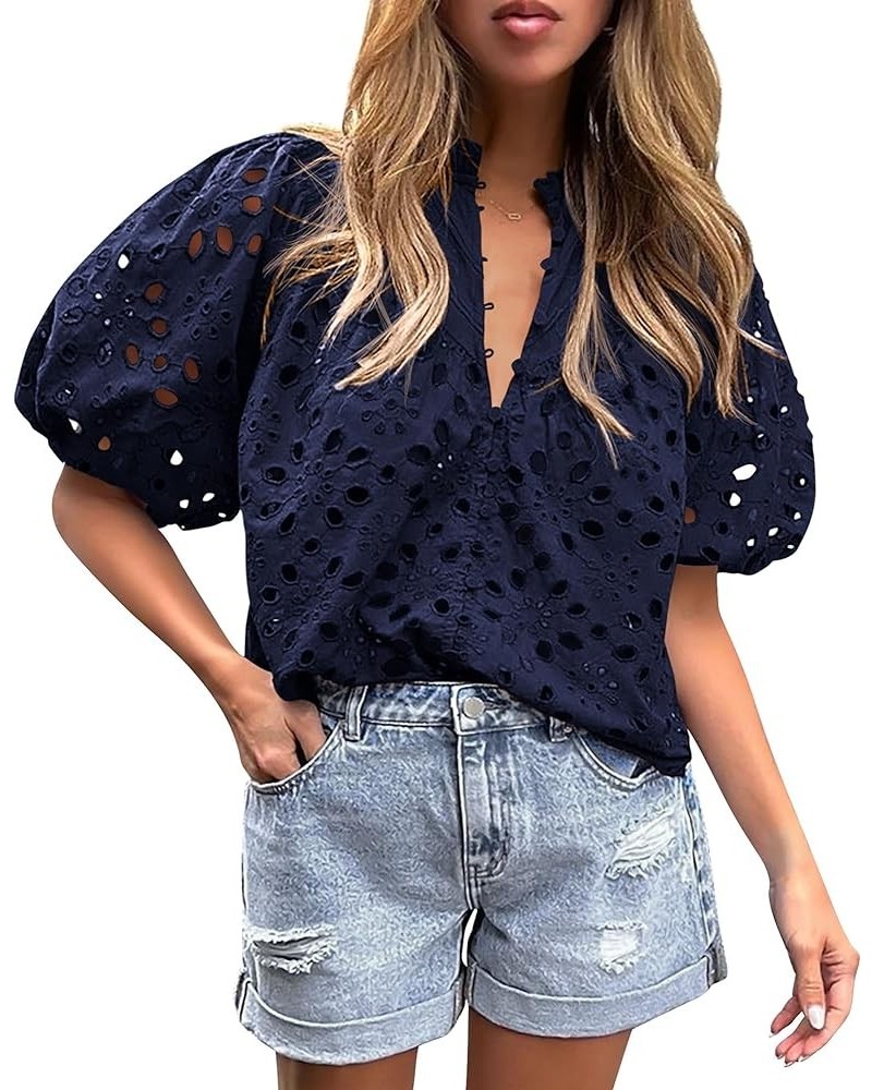 Women's Summer Tops Dressy Casual Short Lantern Sleeve V Neck Buttons Hollow Out Lace Embroidered Blouses Shirts Navy $20.50 ...