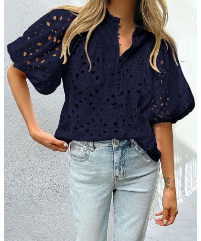 Women's Summer Tops Dressy Casual Short Lantern Sleeve V Neck Buttons Hollow Out Lace Embroidered Blouses Shirts Navy $20.50 ...