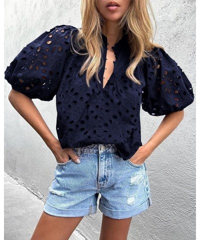 Women's Summer Tops Dressy Casual Short Lantern Sleeve V Neck Buttons Hollow Out Lace Embroidered Blouses Shirts Navy $20.50 ...