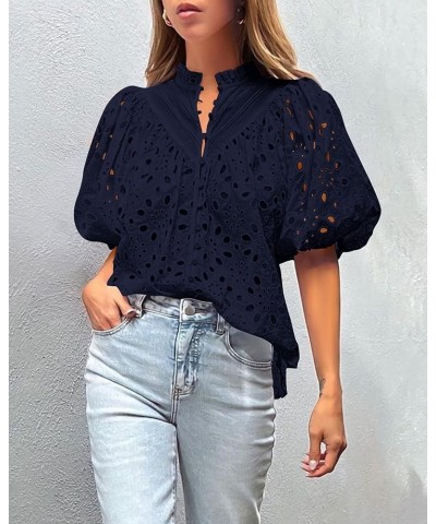 Women's Summer Tops Dressy Casual Short Lantern Sleeve V Neck Buttons Hollow Out Lace Embroidered Blouses Shirts Navy $20.50 ...