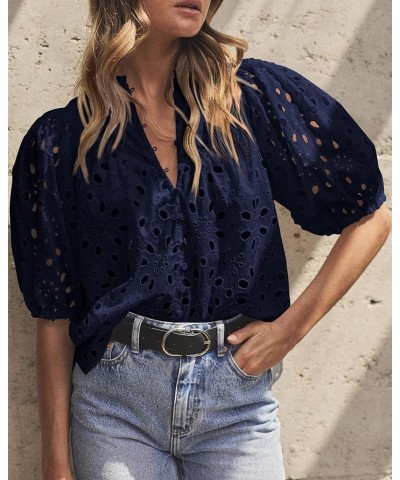Women's Summer Tops Dressy Casual Short Lantern Sleeve V Neck Buttons Hollow Out Lace Embroidered Blouses Shirts Navy $20.50 ...