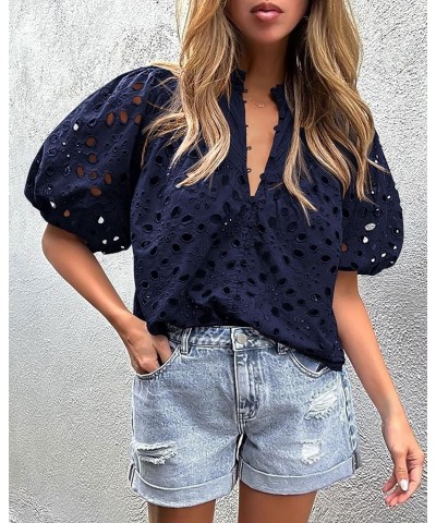 Women's Summer Tops Dressy Casual Short Lantern Sleeve V Neck Buttons Hollow Out Lace Embroidered Blouses Shirts Navy $20.50 ...