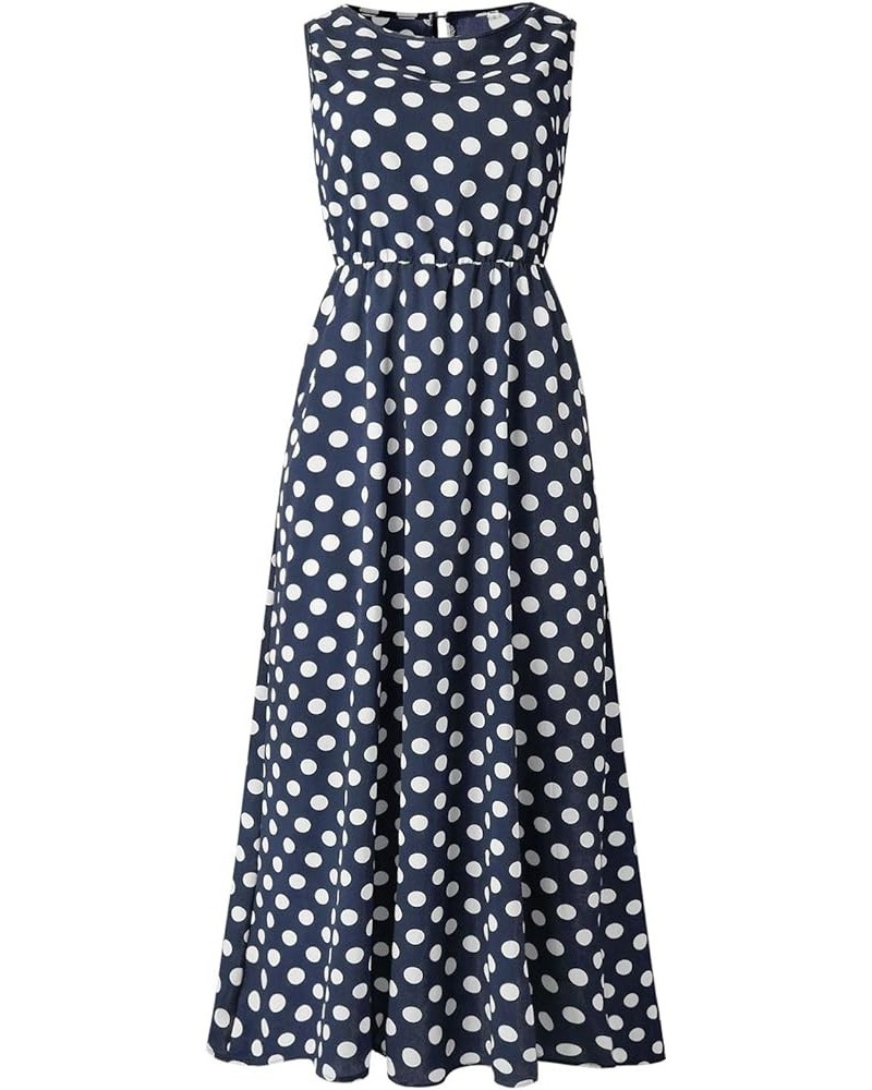 Women's Polka Dot Round Neck Sleeveless Boho Maxi Dresses Female Sundresses Blue $10.11 Dresses
