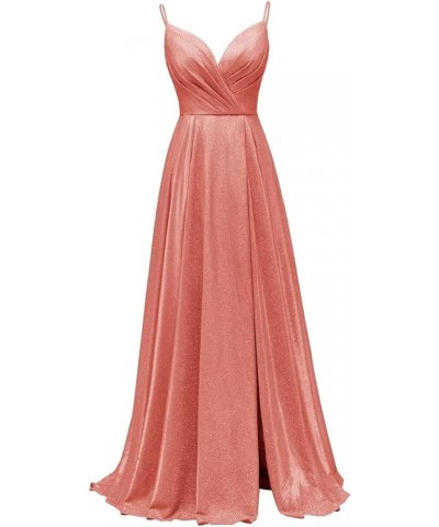 Women's Spaghetti Straps Prom Dresses Long V-Neck Sparkling Bridesmaid Dresses Formal Evening Gowns with High Slit Peach $38....