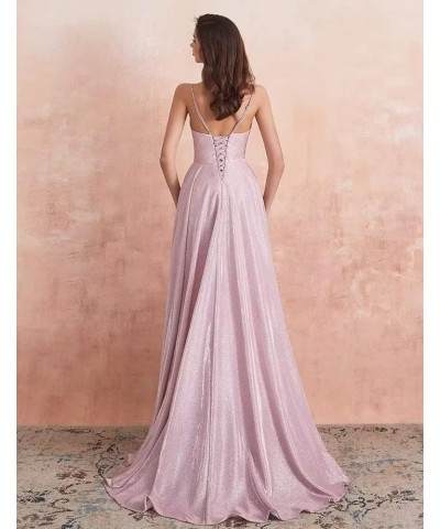 Women's Spaghetti Straps Prom Dresses Long V-Neck Sparkling Bridesmaid Dresses Formal Evening Gowns with High Slit Peach $38....