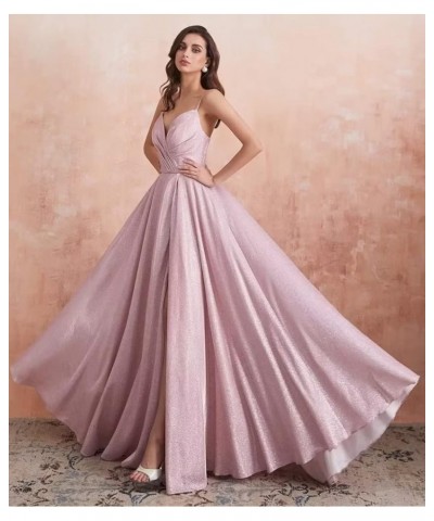 Women's Spaghetti Straps Prom Dresses Long V-Neck Sparkling Bridesmaid Dresses Formal Evening Gowns with High Slit Peach $38....