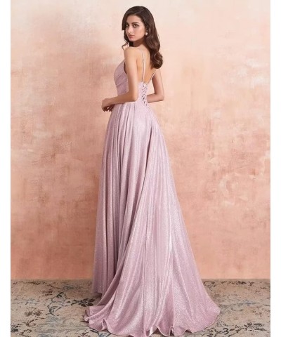 Women's Spaghetti Straps Prom Dresses Long V-Neck Sparkling Bridesmaid Dresses Formal Evening Gowns with High Slit Peach $38....