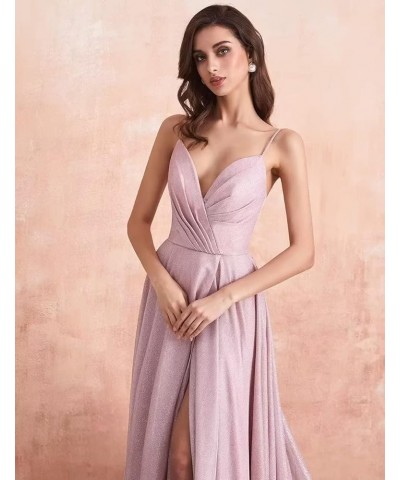 Women's Spaghetti Straps Prom Dresses Long V-Neck Sparkling Bridesmaid Dresses Formal Evening Gowns with High Slit Peach $38....