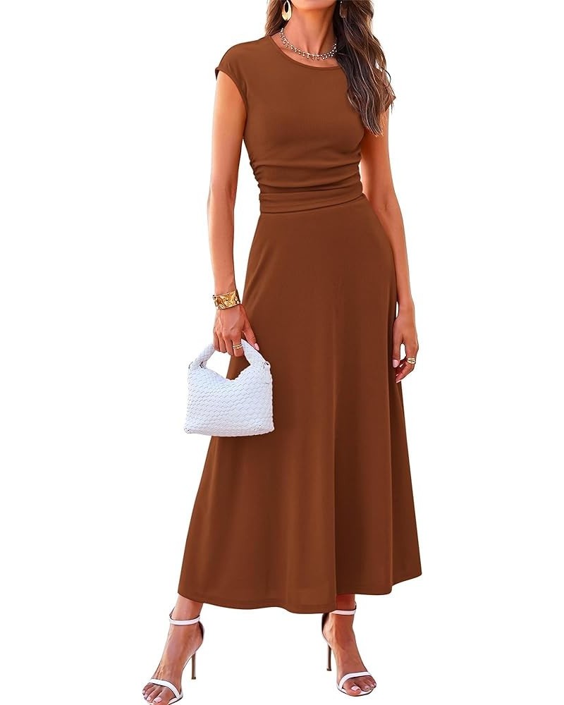 Women Two Piece Skirt Set Casual Ribbed Knit Crew Neck Short Sleeve Cropped Top Elastic Waist Swing Midi Skirts Solid Dark Br...