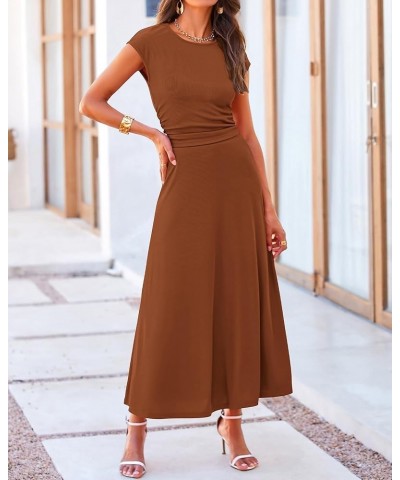 Women Two Piece Skirt Set Casual Ribbed Knit Crew Neck Short Sleeve Cropped Top Elastic Waist Swing Midi Skirts Solid Dark Br...