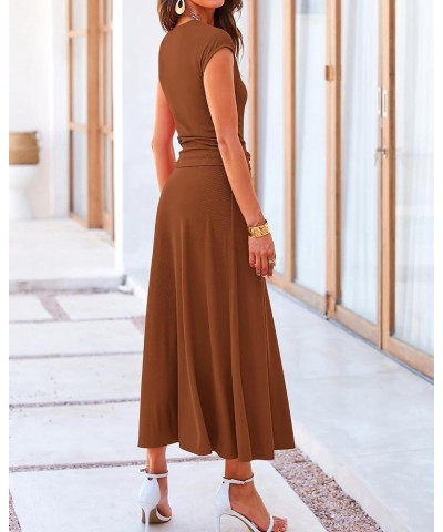 Women Two Piece Skirt Set Casual Ribbed Knit Crew Neck Short Sleeve Cropped Top Elastic Waist Swing Midi Skirts Solid Dark Br...