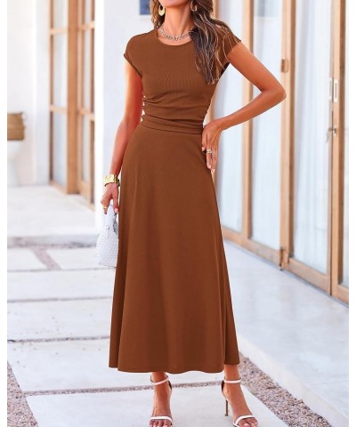 Women Two Piece Skirt Set Casual Ribbed Knit Crew Neck Short Sleeve Cropped Top Elastic Waist Swing Midi Skirts Solid Dark Br...