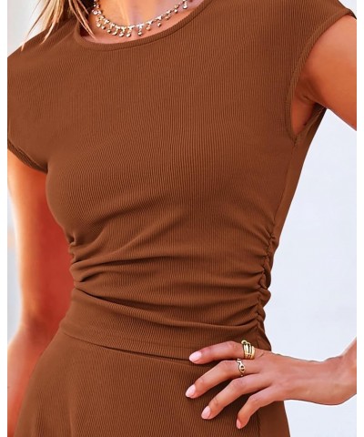 Women Two Piece Skirt Set Casual Ribbed Knit Crew Neck Short Sleeve Cropped Top Elastic Waist Swing Midi Skirts Solid Dark Br...