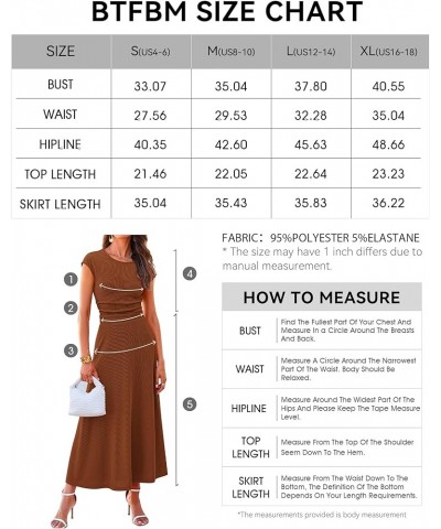 Women Two Piece Skirt Set Casual Ribbed Knit Crew Neck Short Sleeve Cropped Top Elastic Waist Swing Midi Skirts Solid Dark Br...