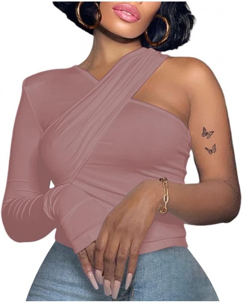 Women's Long Sleeve One Shoulder Top with Pads Criss Cross Shirt Pink $7.79 Blouses
