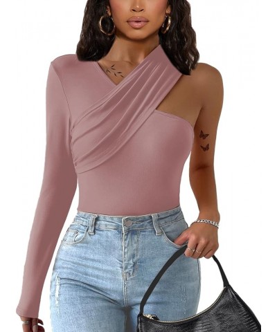 Women's Long Sleeve One Shoulder Top with Pads Criss Cross Shirt Pink $7.79 Blouses