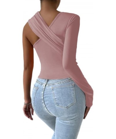 Women's Long Sleeve One Shoulder Top with Pads Criss Cross Shirt Pink $7.79 Blouses
