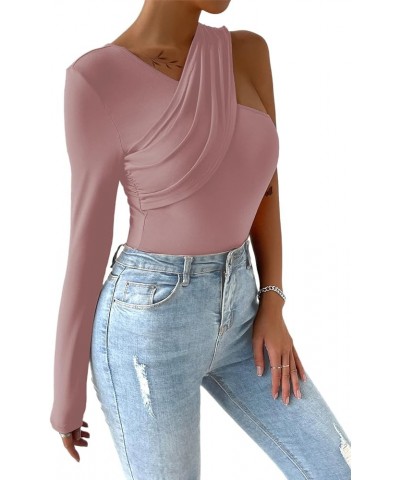 Women's Long Sleeve One Shoulder Top with Pads Criss Cross Shirt Pink $7.79 Blouses