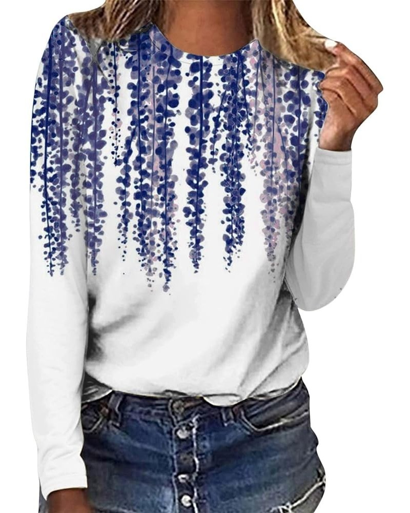 Long Sleeve Shirts for Women Crew-Neck Delicate Print Casual Tops 01-white $10.85 Blouses