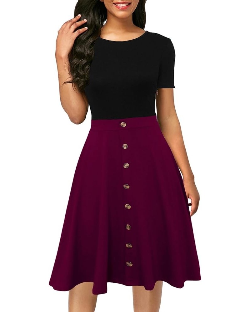 Women's Short Sleeve Colorblock Button Down Sundress Knee-Length Flared A-Line Casual Party Swing Dress Black Purple $16.24 D...