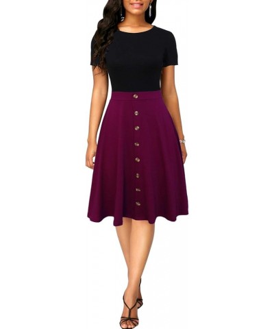 Women's Short Sleeve Colorblock Button Down Sundress Knee-Length Flared A-Line Casual Party Swing Dress Black Purple $16.24 D...
