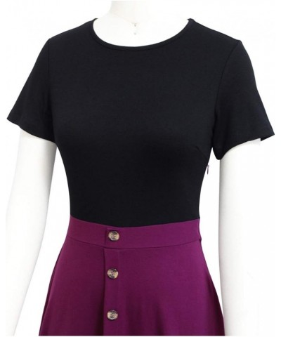 Women's Short Sleeve Colorblock Button Down Sundress Knee-Length Flared A-Line Casual Party Swing Dress Black Purple $16.24 D...