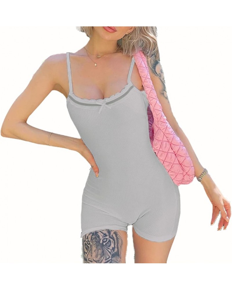 Women Short Pajama Romper Long Sleeve V Neck Button Jumpsuits Bodycon Floral Overall Pajamas Sleepwear K-grey Bow Tight Short...