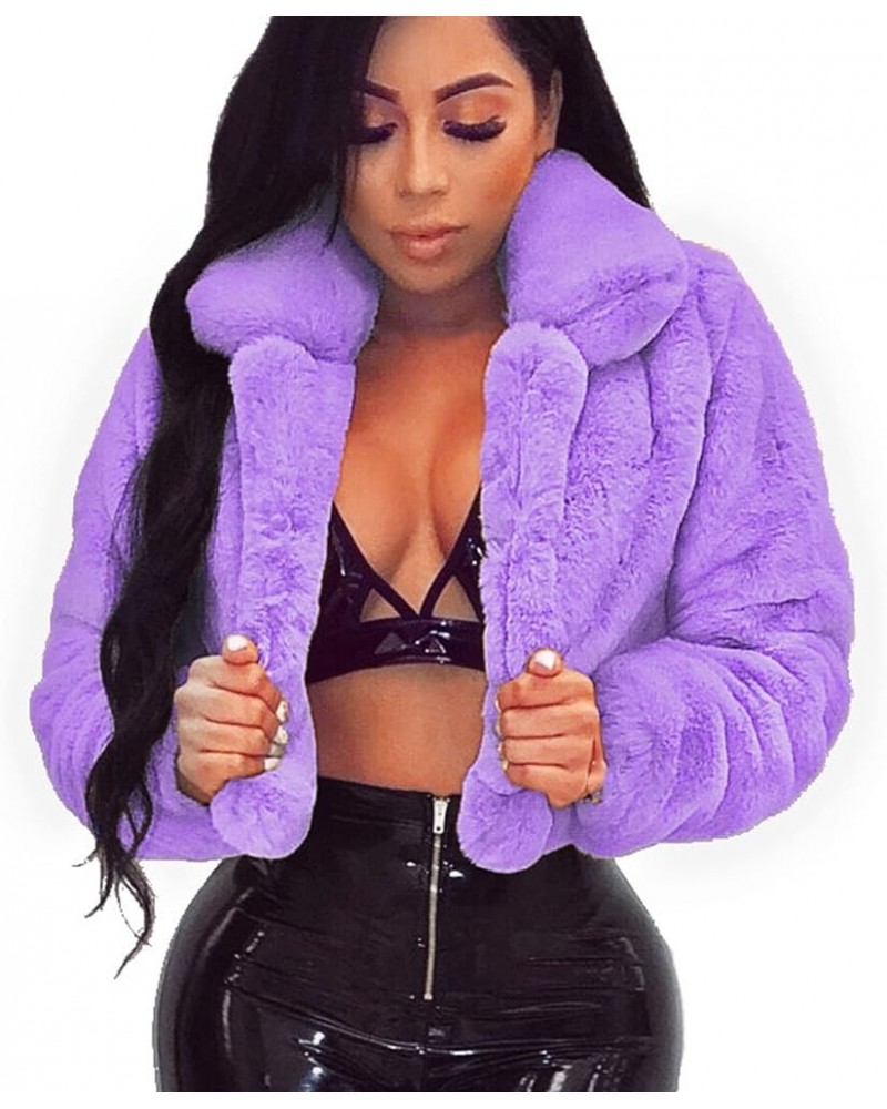 Women's Cropped Faux Fur Jacket Lapel Cardigan Winter Fuzzy Fleece Jackets Short Open Front Faux Fur Coat Outerwear Purple $1...