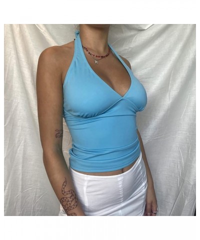 Women's Tie Back Halter Crop Top Sexy Deep V Neck Sleeveless Tie Back Camisole Casual Workout Tank Tops Blue $9.33 Tanks