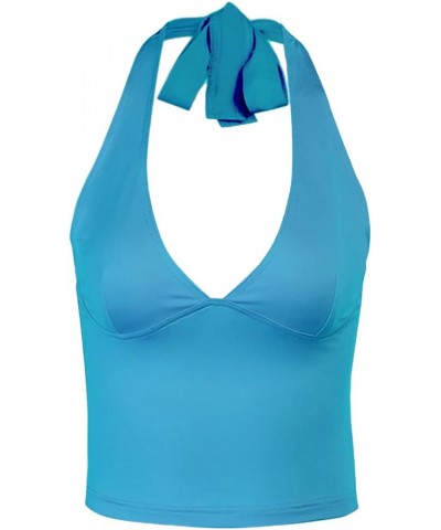 Women's Tie Back Halter Crop Top Sexy Deep V Neck Sleeveless Tie Back Camisole Casual Workout Tank Tops Blue $9.33 Tanks
