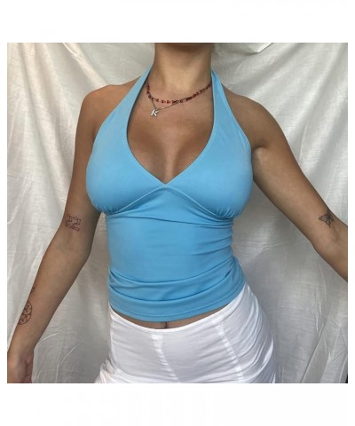 Women's Tie Back Halter Crop Top Sexy Deep V Neck Sleeveless Tie Back Camisole Casual Workout Tank Tops Blue $9.33 Tanks