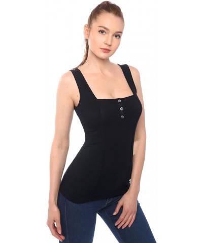 Women Henley Square Neck Sleeveless Tank Top Black $13.05 Tanks